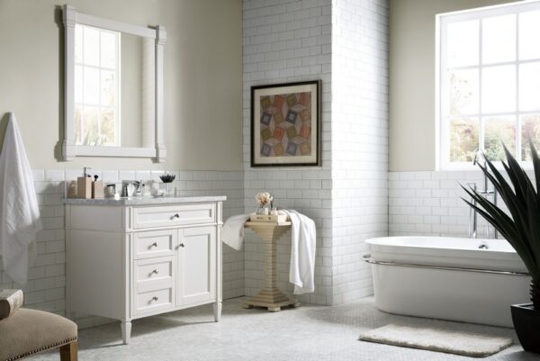 James Martin 650-V36-BW-3CAR Brittany 36 Inch Bright White Single Vanity with 3 cm Carrara Marble Top