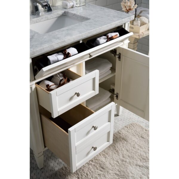 James Martin 650-V36-BW-3CAR Brittany 36 Inch Bright White Single Vanity with 3 cm Carrara Marble Top