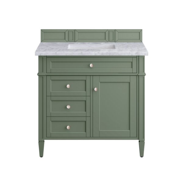 James Martin 650-V36-SC-3CAR Brittany 36 Inch Smokey Celadon Single Sink Vanity with 3 cm Carrara Marble Top