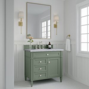 James Martin 650-V36-SC-3CAR Brittany 36 Inch Smokey Celadon Single Sink Vanity with 3 cm Carrara Marble Top