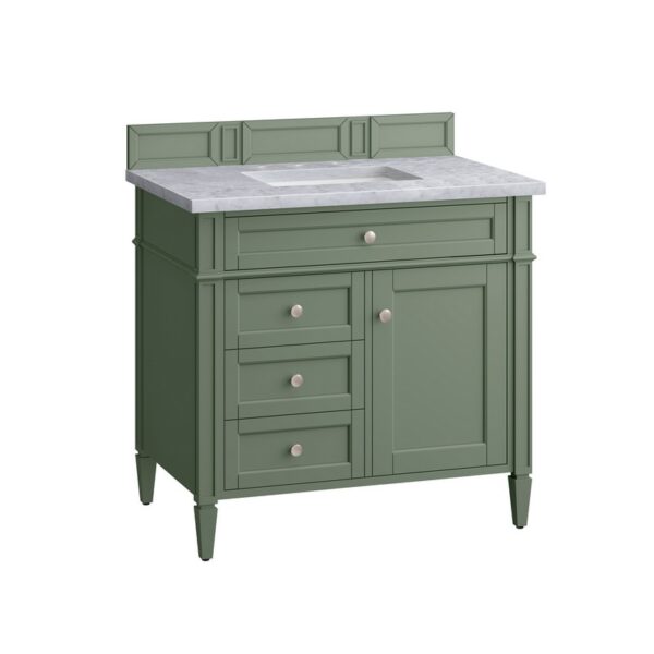 James Martin 650-V36-SC-3CAR Brittany 36 Inch Smokey Celadon Single Sink Vanity with 3 cm Carrara Marble Top