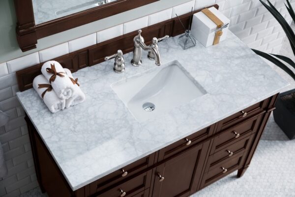 James Martin 650-V48-BNM-3CAR Brittany 48 Inch Burnished Mahogany Single Vanity with 3 cm Carrara Marble Top