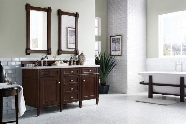 James Martin 650-V60D-BNM-3CAR Brittany 60 Inch Burnished Mahogany Double Vanity with 3 cm Carrara Marble Top