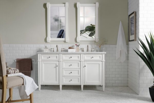 James Martin 650-V60D-BW-3CAR Brittany 60 Inch Bright White Double Vanity with 3 cm Carrara Marble Top