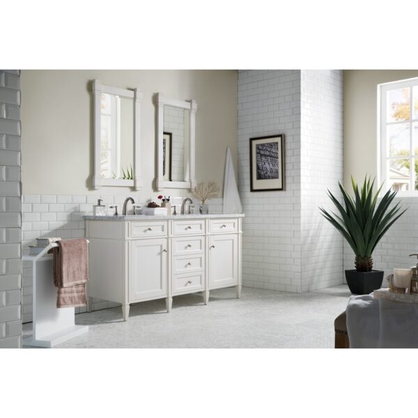 James Martin 650-V60D-BW-3CAR Brittany 60 Inch Bright White Double Vanity with 3 cm Carrara Marble Top