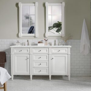 James Martin 650-V60D-BW-3ENC Brittany 60 Inch Double Vanity Cabinet with Ethereal Noctis Quartz Top - Bright White