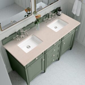 James Martin 650-V60D-SC-3EMR Brittany 60 Inch Smokey Celadon Double Sink Vanity with 3 cm Eternal Marfil Top