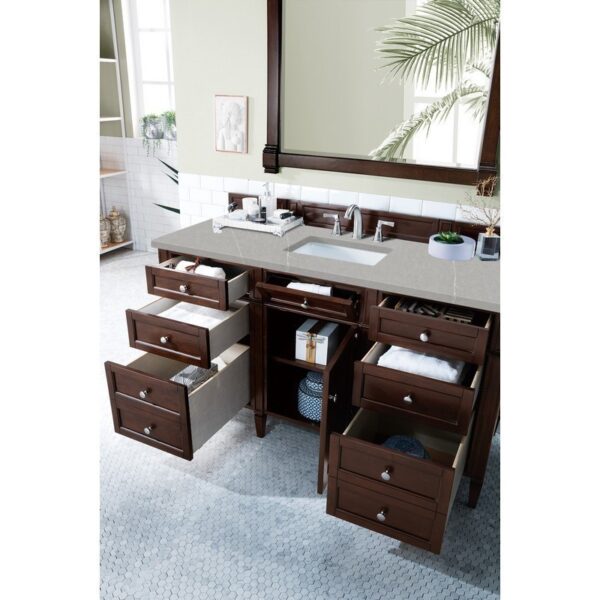 James Martin 650-V60S-BNM-3ESR Brittany 60 Inch Burnished Mahogany Single Vanity with 3 CM Eternal Serena Quartz Top