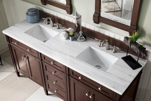 James Martin 650-V72-BNM-3AF Brittany 72 Inch Burnished Mahogany Double Vanity with 3 cm Arctic Fall Solid Surface Top