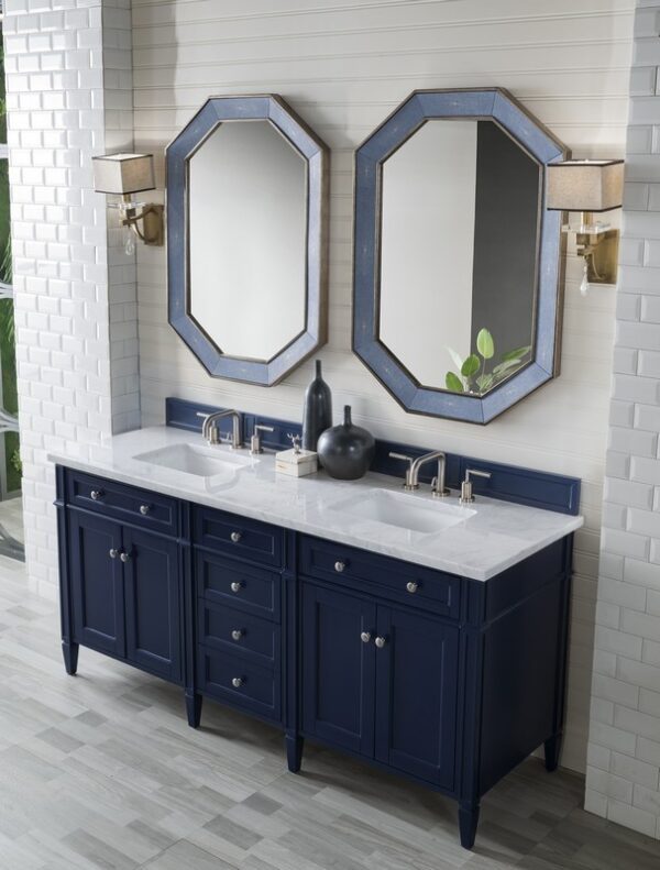 James Martin 650-V72-VBL-3CAR Brittany 72 Inch Victory Blue Double Vanity with 3 cm Carrara Marble Top