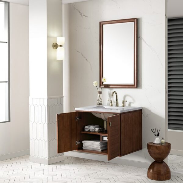 James Martin 670-V30-WLT-3AF Amberly 30 Inch Mid-Century Walnut Single Sink Vanity with 3 cm Arctic Fall Top