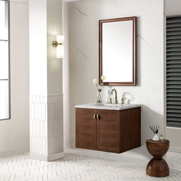 James Martin 670-V30-WLT-3EJP Amberly 30 Inch Mid-Century Walnut Single Sink Vanity with 3 cm Eternal Jasmine Pearl Top