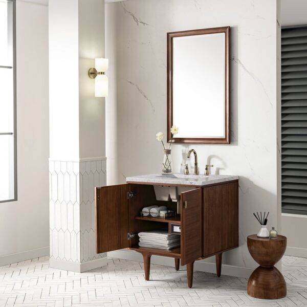 James Martin 670-V30-WLT-3EJP Amberly 30 Inch Mid-Century Walnut Single Sink Vanity with 3 cm Eternal Jasmine Pearl Top