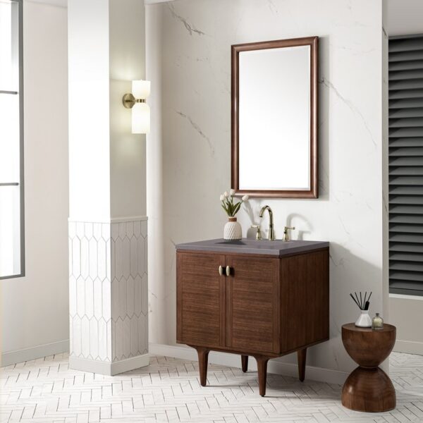 James Martin 670-V30-WLT-3GEX Amberly 30 Inch Mid-Century Walnut Single Sink Vanity with 3 cm Grey Expo Top