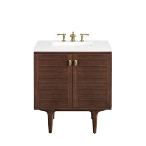 James Martin 670-V30-WLT-3WZ Amberly 30 Inch Single Vanity in Mid-Century Walnut with 3cm White Zeus Top