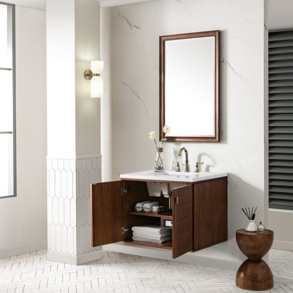 James Martin 670-V30-WLT-3WZ Amberly 30 Inch Single Vanity in Mid-Century Walnut with 3cm White Zeus Top