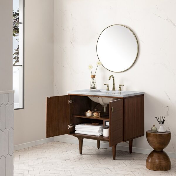 James Martin 670-V36-WLT-3AF Amberly 36 Inch Mid-Century Walnut Single Sink Vanity with 3 cm Arctic Fall Top