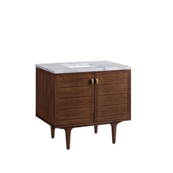 James Martin 670-V36-WLT-3CAR Amberly 36 Inch Mid-Century Walnut Single Sink Vanity with 3 cm Carrara Marble Top