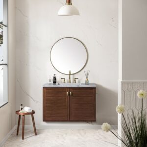 James Martin 670-V36-WLT-3CAR Amberly 36 Inch Mid-Century Walnut Single Sink Vanity with 3 cm Carrara Marble Top