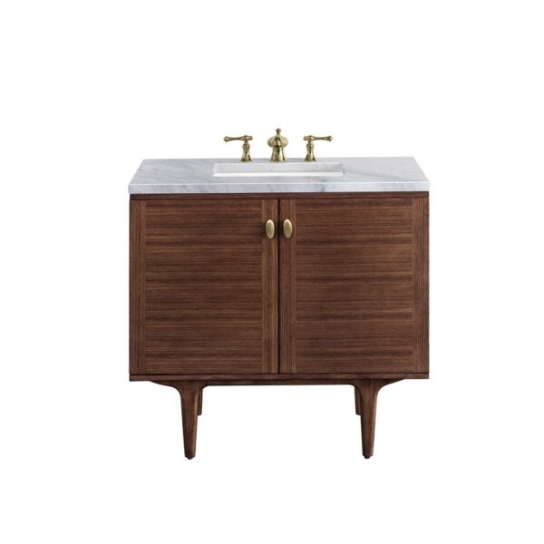 James Martin 670-V36-WLT-3CAR Amberly 36 Inch Mid-Century Walnut Single Sink Vanity with 3 cm Carrara Marble Top