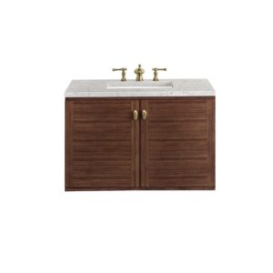 James Martin 670-V36-WLT-3EJP Amberly 36 Inch Mid-Century Walnut Single Sink Vanity with 3 cm Eternal Jasmine Pearl Top