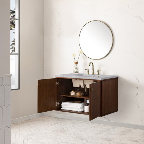 James Martin 670-V36-WLT-3EJP Amberly 36 Inch Mid-Century Walnut Single Sink Vanity with 3 cm Eternal Jasmine Pearl Top