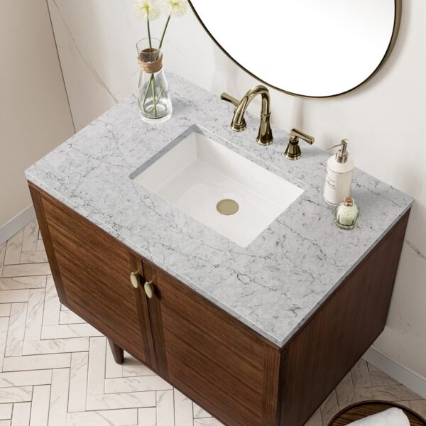 James Martin 670-V36-WLT-3EJP Amberly 36 Inch Mid-Century Walnut Single Sink Vanity with 3 cm Eternal Jasmine Pearl Top