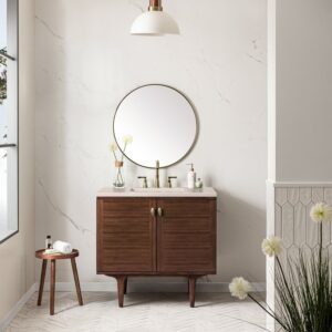 James Martin 670-V36-WLT-3EMR Amberly 36 Inch Mid-Century Walnut Single Sink Vanity with 3 cm Eternal Marfil Top