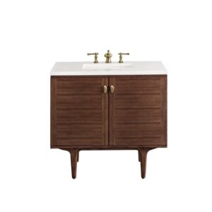 James Martin 670-V36-WLT-3WZ Amberly 36 Inch Single Vanity in Mid-Century Walnut with 3cm White Zeus Top