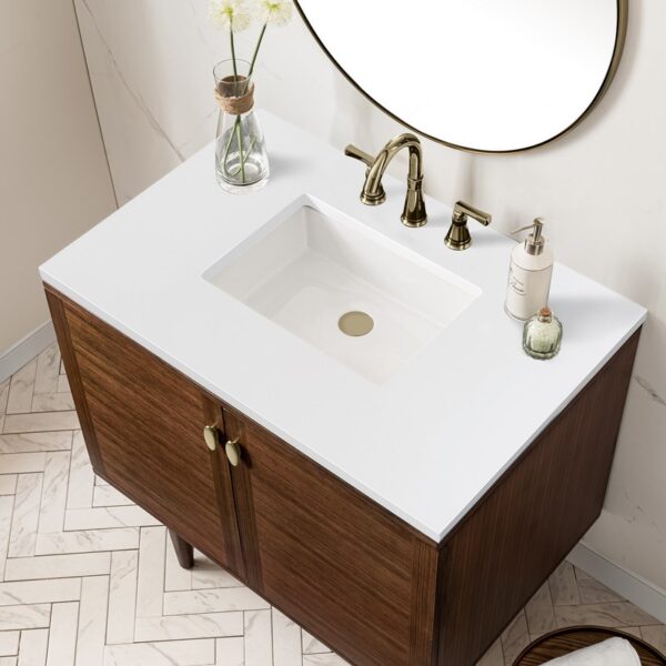 James Martin 670-V36-WLT-3WZ Amberly 36 Inch Single Vanity in Mid-Century Walnut with 3cm White Zeus Top