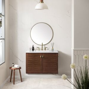 James Martin 670-V36-WLT-3WZ Amberly 36 Inch Single Vanity in Mid-Century Walnut with 3cm White Zeus Top