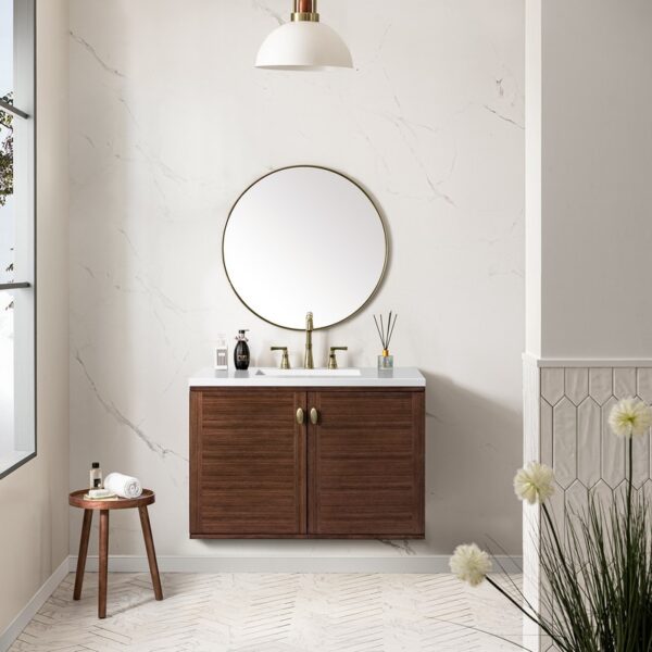 James Martin 670-V36-WLT-3WZ Amberly 36 Inch Single Vanity in Mid-Century Walnut with 3cm White Zeus Top