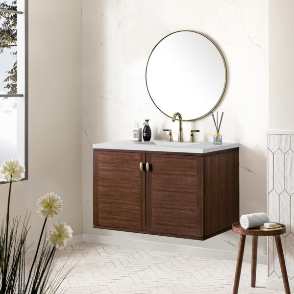 James Martin 670-V36-WLT-3WZ Amberly 36 Inch Single Vanity in Mid-Century Walnut with 3cm White Zeus Top