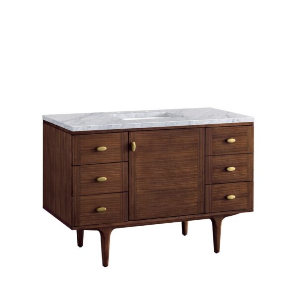 James Martin 670-V48-WLT-3CAR Amberly 48 Inch Mid-Century Walnut Single Sink Vanity with 3 cm Carrara Marble Top