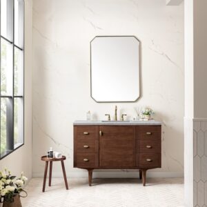 James Martin 670-V48-WLT-3CAR Amberly 48 Inch Mid-Century Walnut Single Sink Vanity with 3 cm Carrara Marble Top