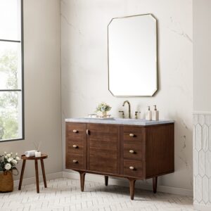 James Martin 670-V48-WLT-3CAR Amberly 48 Inch Mid-Century Walnut Single Sink Vanity with 3 cm Carrara Marble Top