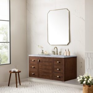 James Martin 670-V48-WLT-3CAR Amberly 48 Inch Mid-Century Walnut Single Sink Vanity with 3 cm Carrara Marble Top