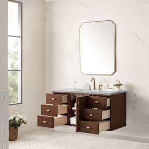 James Martin 670-V48-WLT-3CAR Amberly 48 Inch Mid-Century Walnut Single Sink Vanity with 3 cm Carrara Marble Top