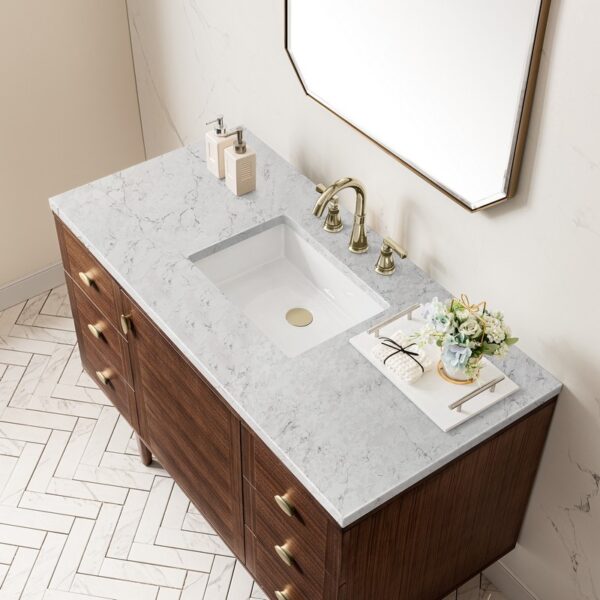 James Martin 670-V48-WLT-3EJP Amberly 48 Inch Mid-Century Walnut Single Sink Vanity with 3 cm Eternal Jasmine Pearl Top