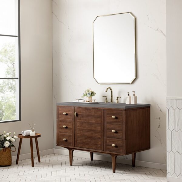 James Martin 670-V48-WLT-3GEX Amberly 48 Inch Mid-Century Walnut Single Sink Vanity with 3 cm Grey Expo Top