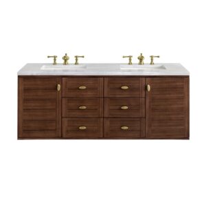 James Martin 670-V60D-WLT-3AF Amberly 60 Inch Mid-Century Walnut Double Sink Vanity with 3 cm Arctic Fall Top