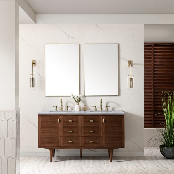 James Martin 670-V60D-WLT-3AF Amberly 60 Inch Mid-Century Walnut Double Sink Vanity with 3 cm Arctic Fall Top