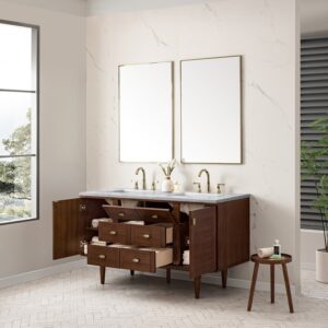 James Martin 670-V60D-WLT-3AF Amberly 60 Inch Mid-Century Walnut Double Sink Vanity with 3 cm Arctic Fall Top