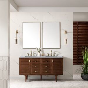 James Martin 670-V60D-WLT-3CAR Amberly 60 Inch Mid-Century Walnut Double Sink Vanity with 3 cm Carrara Marble Top