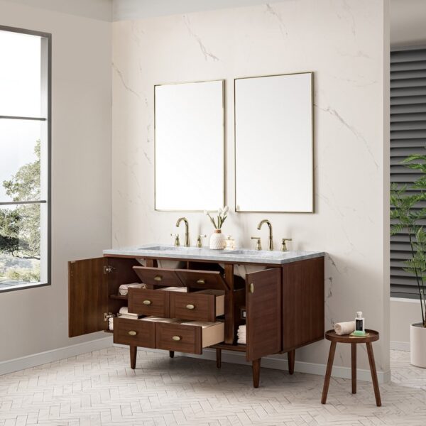 James Martin 670-V60D-WLT-3CAR Amberly 60 Inch Mid-Century Walnut Double Sink Vanity with 3 cm Carrara Marble Top