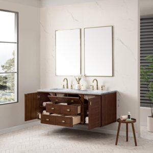 James Martin 670-V60D-WLT-3CAR Amberly 60 Inch Mid-Century Walnut Double Sink Vanity with 3 cm Carrara Marble Top