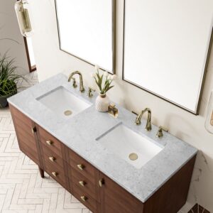 James Martin 670-V60D-WLT-3CAR Amberly 60 Inch Mid-Century Walnut Double Sink Vanity with 3 cm Carrara Marble Top