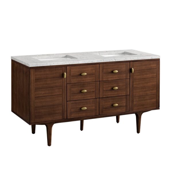 James Martin 670-V60D-WLT-3EJP Amberly 60 Inch Mid-Century Walnut Double Sink Vanity with 3 cm Eternal Jasmine Pearl Top