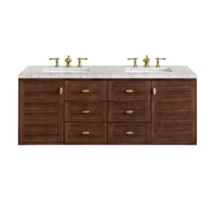 James Martin 670-V60D-WLT-3EJP Amberly 60 Inch Mid-Century Walnut Double Sink Vanity with 3 cm Eternal Jasmine Pearl Top