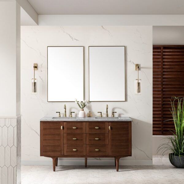 James Martin 670-V60D-WLT-3EJP Amberly 60 Inch Mid-Century Walnut Double Sink Vanity with 3 cm Eternal Jasmine Pearl Top